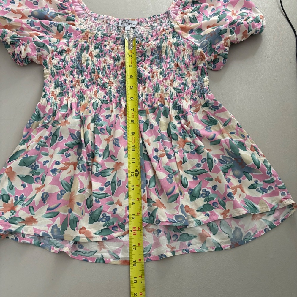 Polagram Floral Smocked Puff Sleeve Women's Top Pink Green Medium Summer - Picture 5 of 10